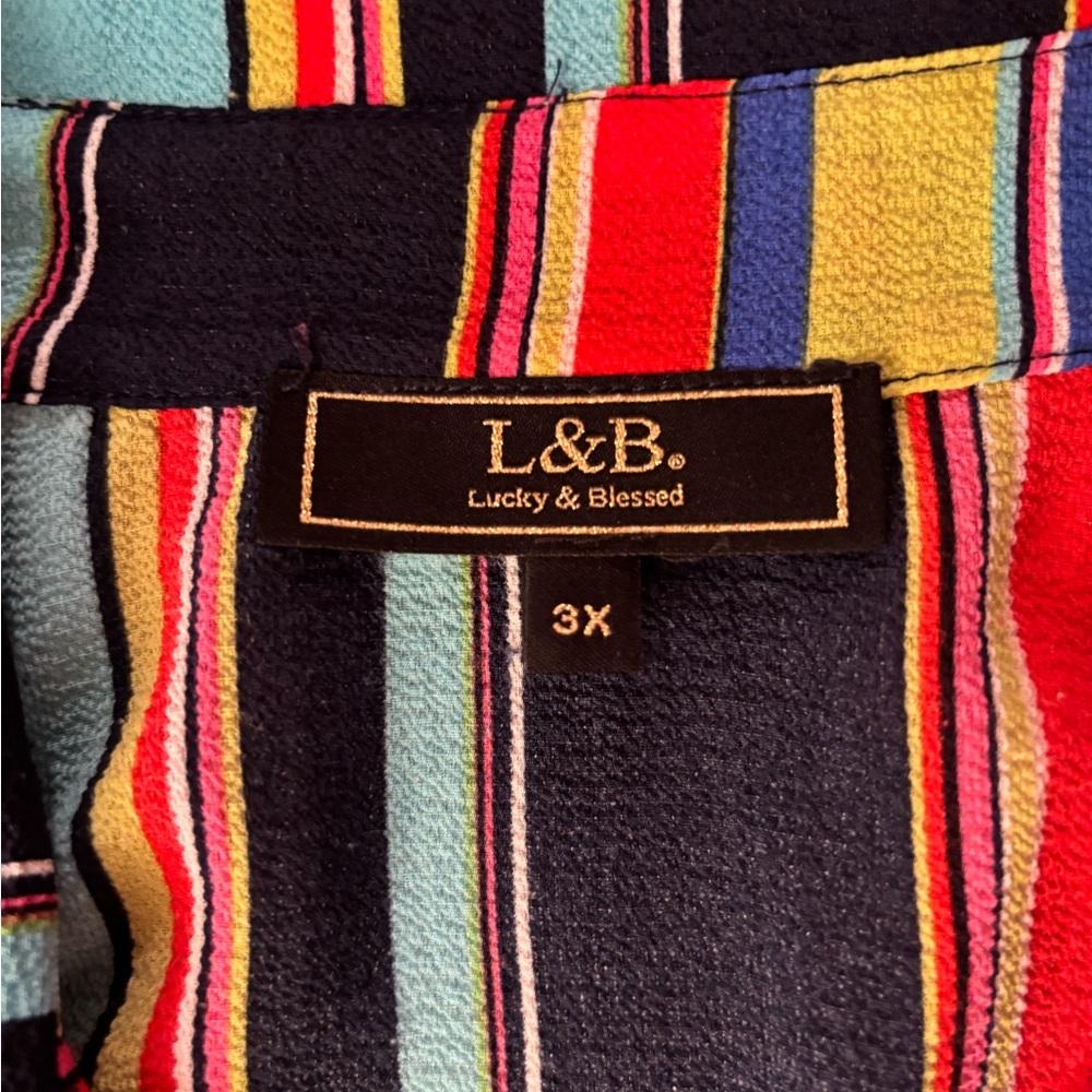 L&B Multicolor Striped Long Button-Front Top - Navy, Red, Yellow, Teal, Purple - Picture 4 of 11